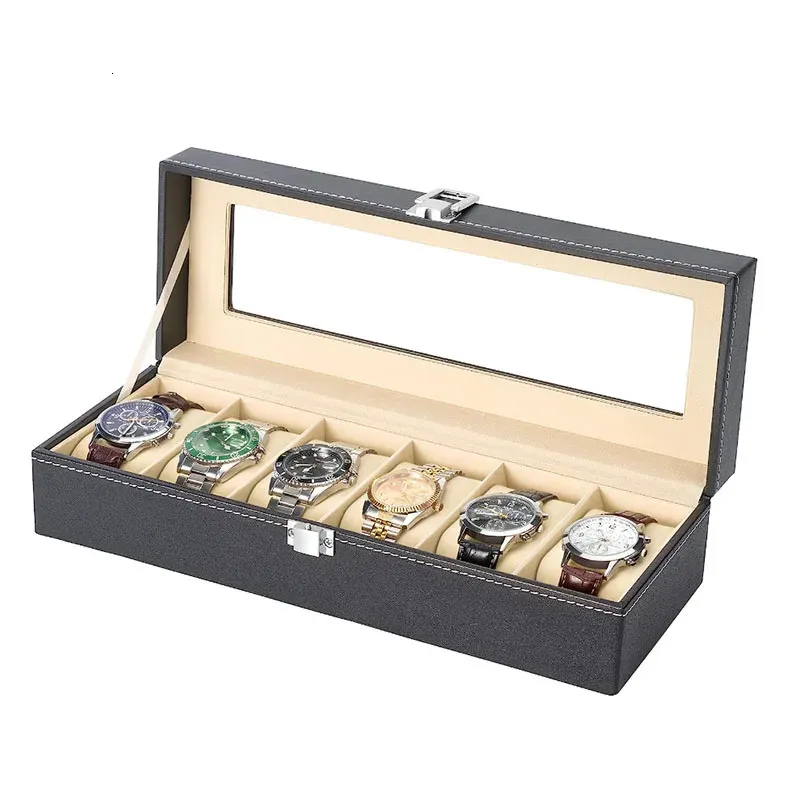 6 Slot Pu Leather Watch Box Display Case Jewelry Organizer med Glass Top 240103