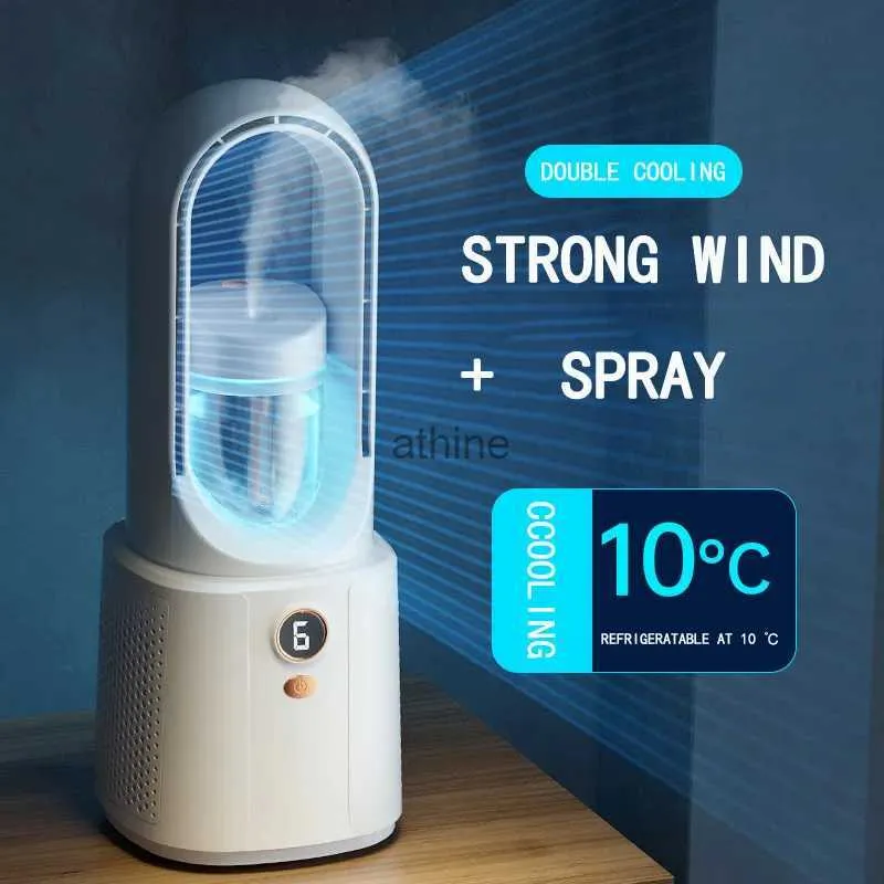 Elektriska fläktar 2023 Nyaste Electric Bladeless Fan Water Mist Fan 2200mAh Trådlös laddningsbar fläkt Desktop Fan Air Cooler med Night Light YQ240104