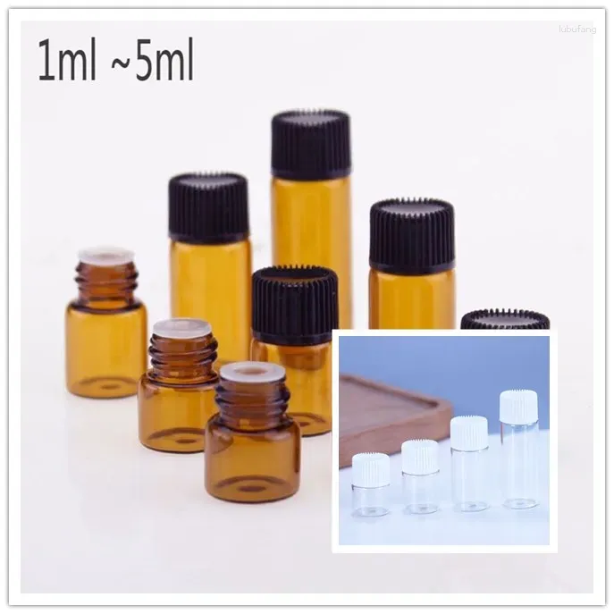 Şişeler 20pcs 1/2/3/5/5ml Clear/Amber Cam Şişeler Mini Esansiyel Yağ, Çöp İndiricisi Siyah Plastik Kapak