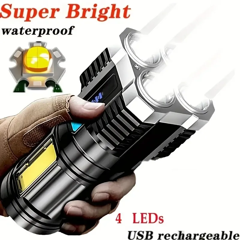 Светодиодный фонарик, мощный 4-светодиодный фонарик с боковым освещением COB, 4-режимный USB-перезаряжаемый светодиодный фонарик, водонепроницаемый фонарик со встроенным аккумулятором, инструмент для кемпинга
