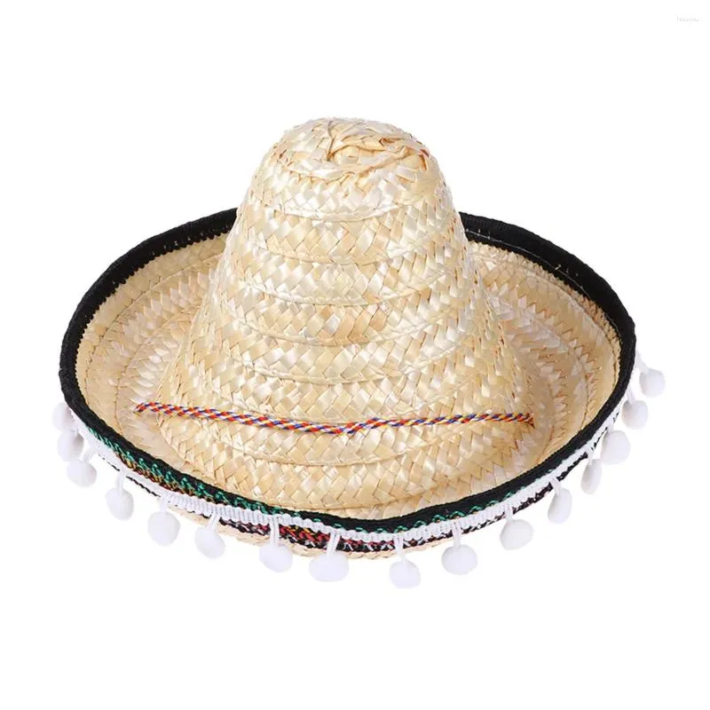 Berets Straw Hat Mexican Hawaii Small Plush Balls Woven With String For Kids Halloween (Random Lace Color And