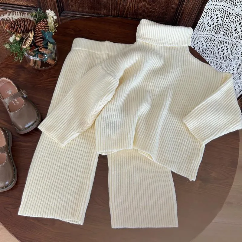 Set di abbigliamento Bambini Ragazze Abiti beige Dolcevita caldo Pullover a maniche lunghe Maglione Pantaloni a maglia a gamba larga a vita alta 2 pezzi Casual per bambini