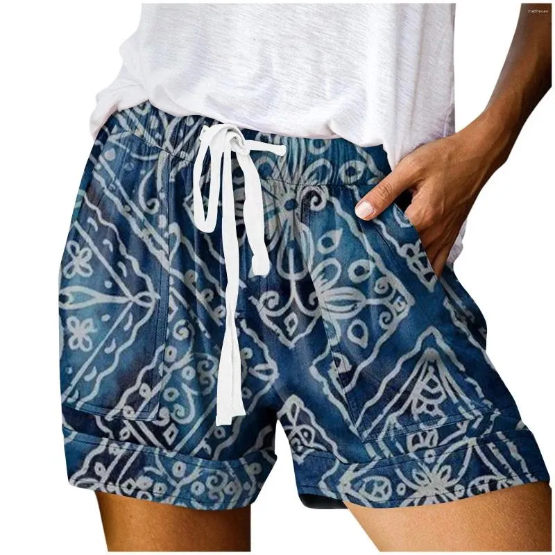 Shorts femininos primavera verão vintage impressão feminina casual cordão mini sol praia calças curtas mujer baggy solto confortável cortos