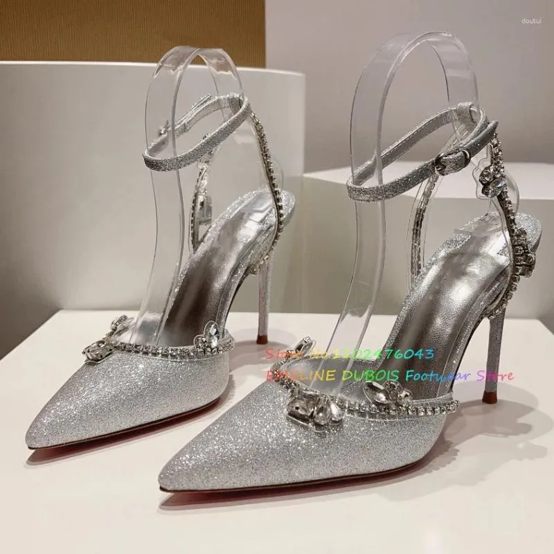 Klänningskor Silver Metallisk kristallspetsig tå pumpar kvinnor inlagd diamant ankel rem slingback High Heel Sandals Party Party