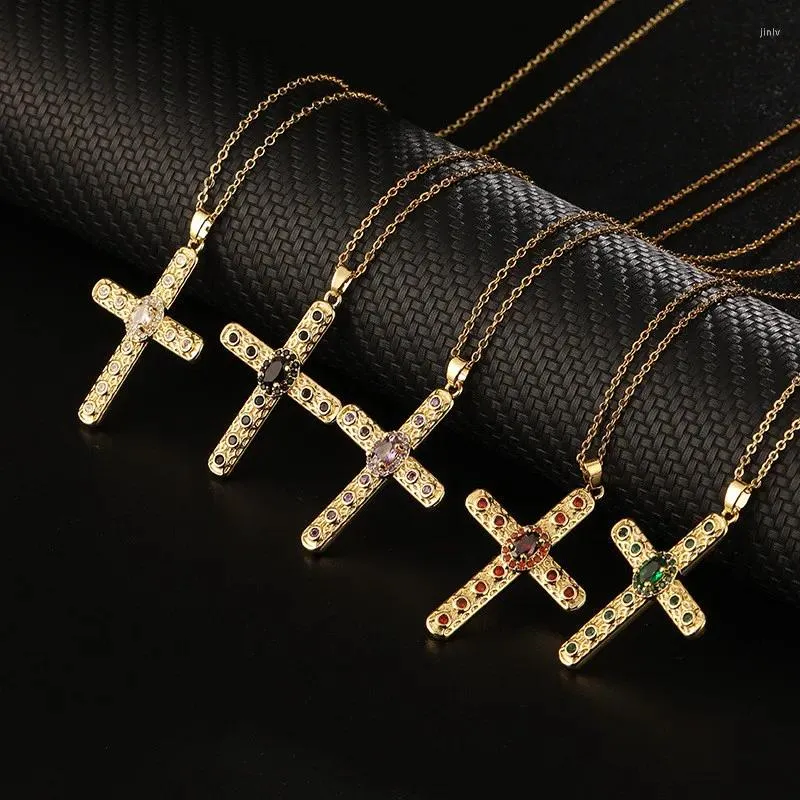 Ожерелья с подвесками, изысканный разноцветный циркон, круглый крест для женщин, цепочка на ключицы, пара, модные украшения, религиозный подарок