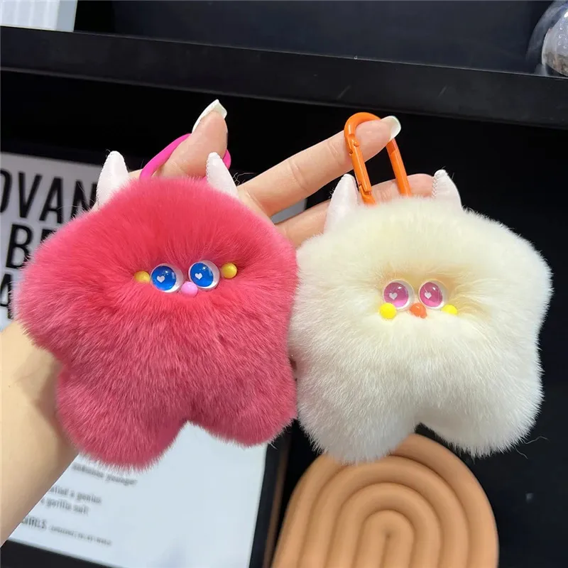 Mignon petite vache réel Rex fourrure de lapin porte-clés fille en peluche jouet femmes sac à main pendentif à breloque voiture porte-clés ornements doux enfant cadeaux 240103