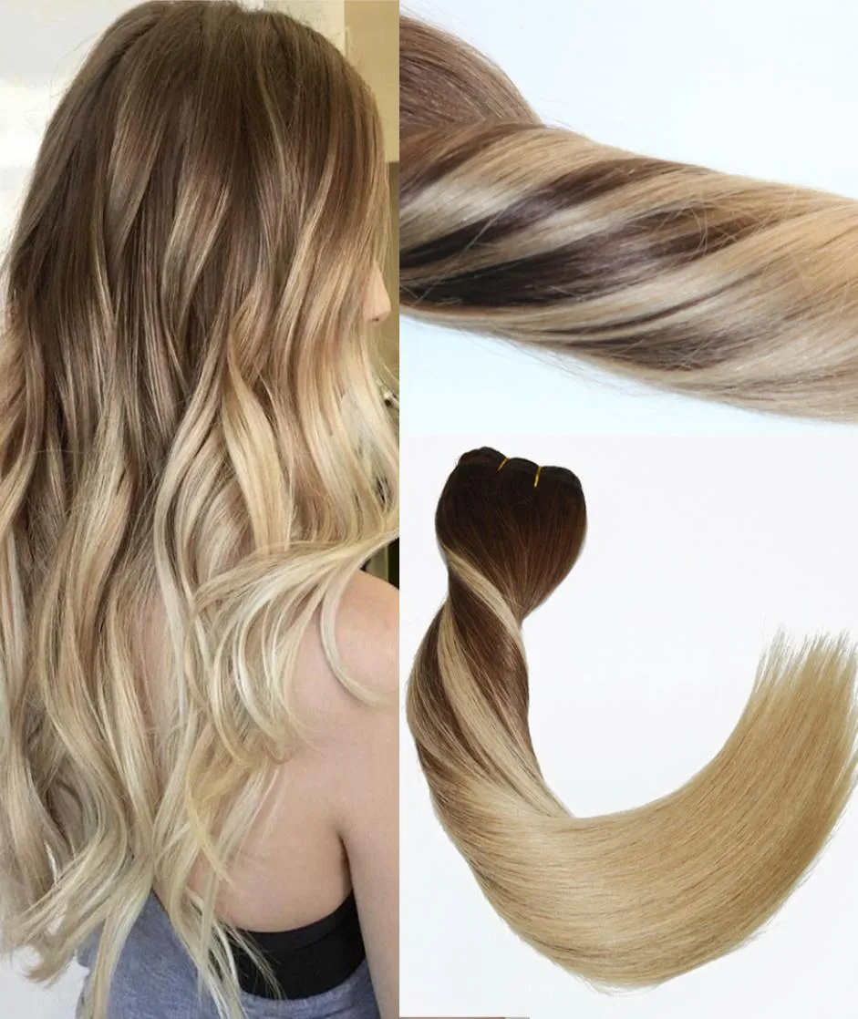 120 grammes Virgin Remy Balayage Hair Clip dans les extensions Ombre Brun moyen à Blond cendré Faits saillants Extensions de cheveux humains réels6333211