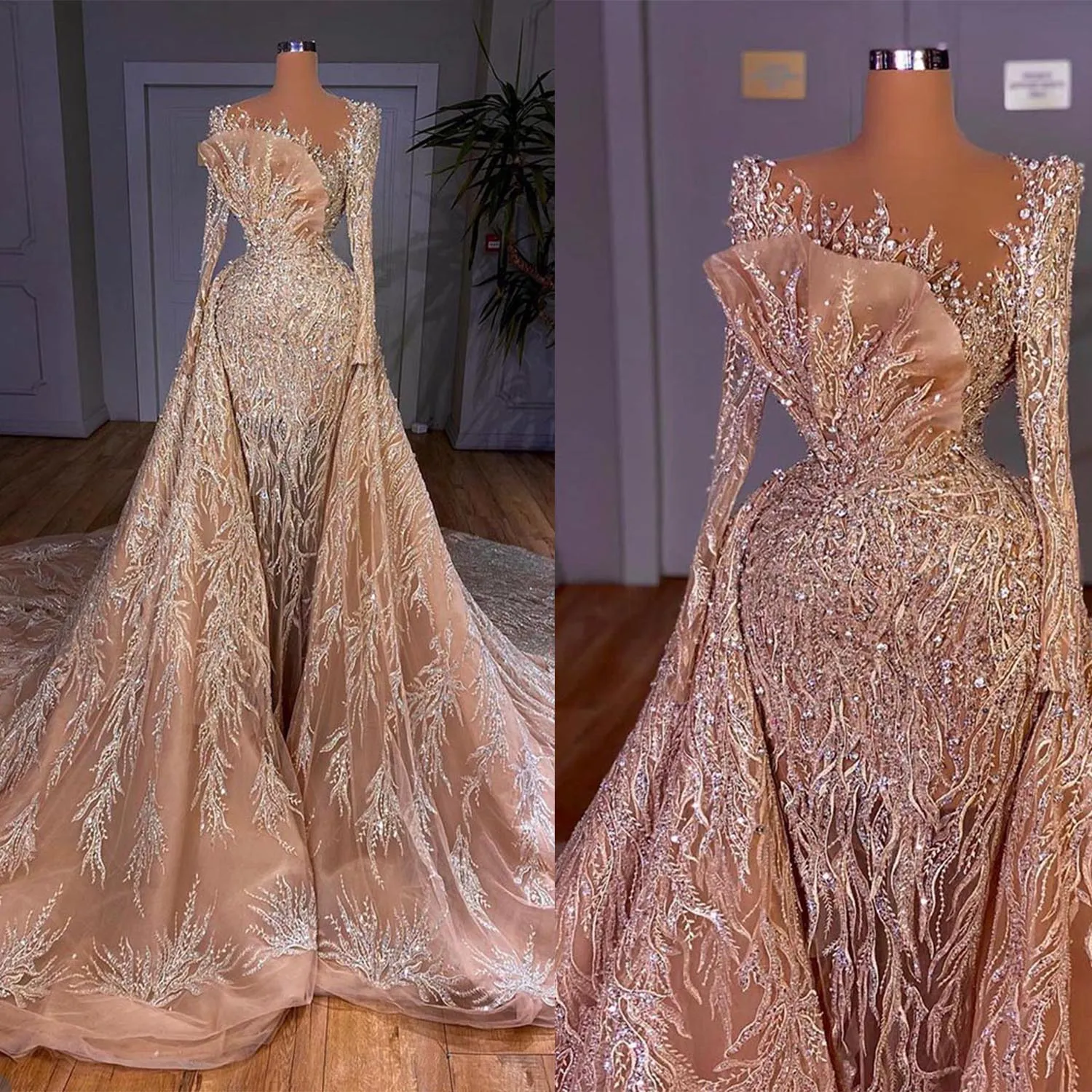 saudi formal dress Luxury Dubai Nude Saudi Beaded Spaghetti Strap Evening Dress with Overskirt  LA72810 – SERENE HILL main image 0