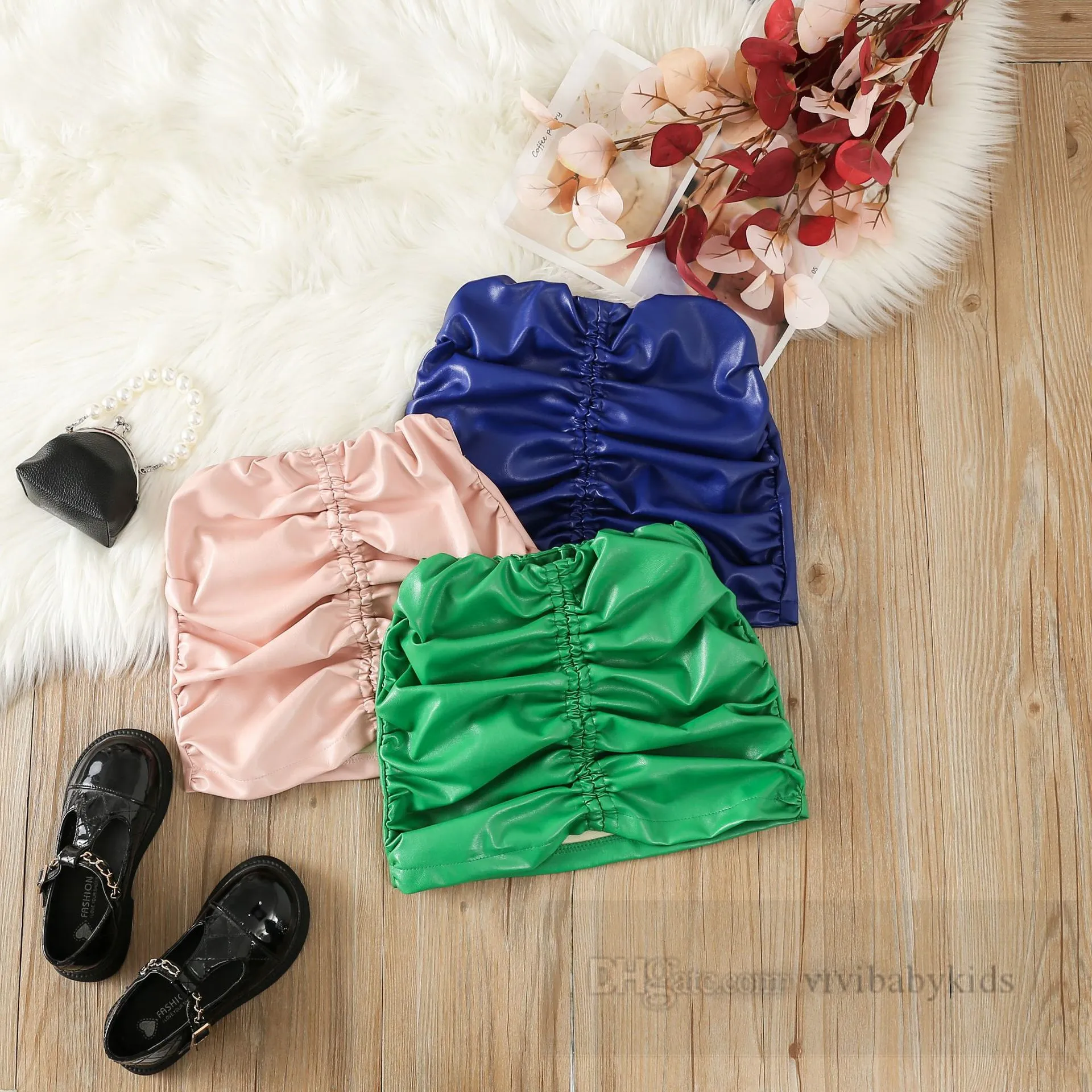 Fashion Girls ruffle PU leather skirt kids elastic waist high waist princess skirts 2024 Spring children all-matching clothes Z6483