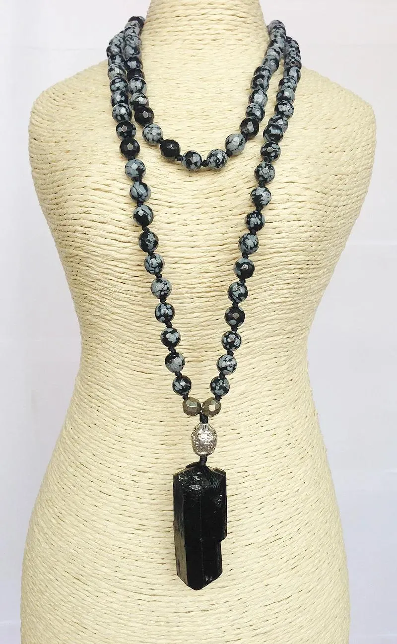 Halsketten YA2253 Natürlicher schwarzer Turmalin-Anhänger, 6 mm, Schneeflocken-Obsidian, Pyrit-Perlen, Knotenperlen, handgefertigte Halskette, 76,2 cm lang