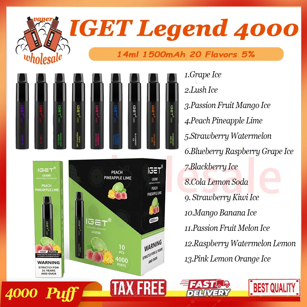 100% Original Iget Legend 4000 Puff Disposable Vape Pen Mesh Coil 14ml Förfylld POD 4K E Cigarett 5% RBG Light Vape Pen Kit 13 Smaker i lager