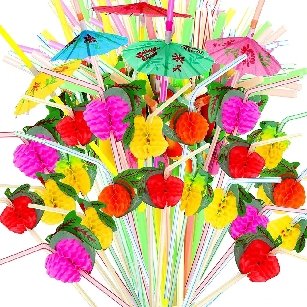 UPORS 50PcsSet Disposable Plastic Straws Umbrella Fruit Drinking Hawaiian Beach Cocktail Accessories Party Decorations 240103