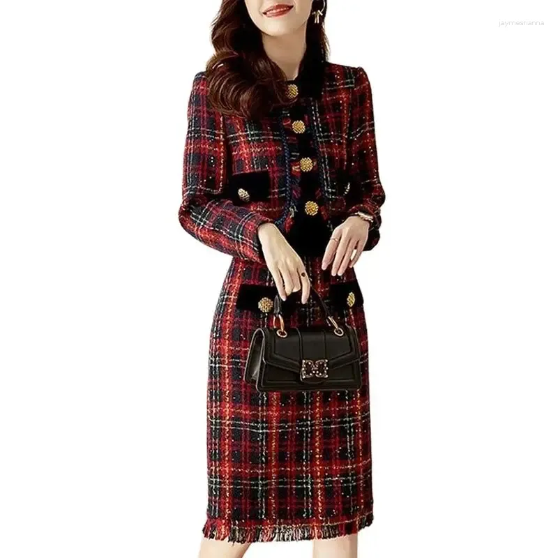 Women's Tracksuits Fall Winter Runway Designer Women Tweed Woolen Dress Set Vintage Plaid Jacket Coat And Skirt Suit Lady Office 2 Piece