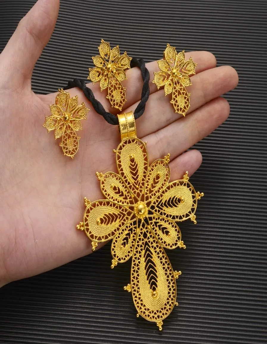 Conjuntos de joyas etíopes de oro sólido fino de alta calidad, collar grande, pendientes, anillo, novia de Dubai, artículos africanos Habesha, regalo 4011651