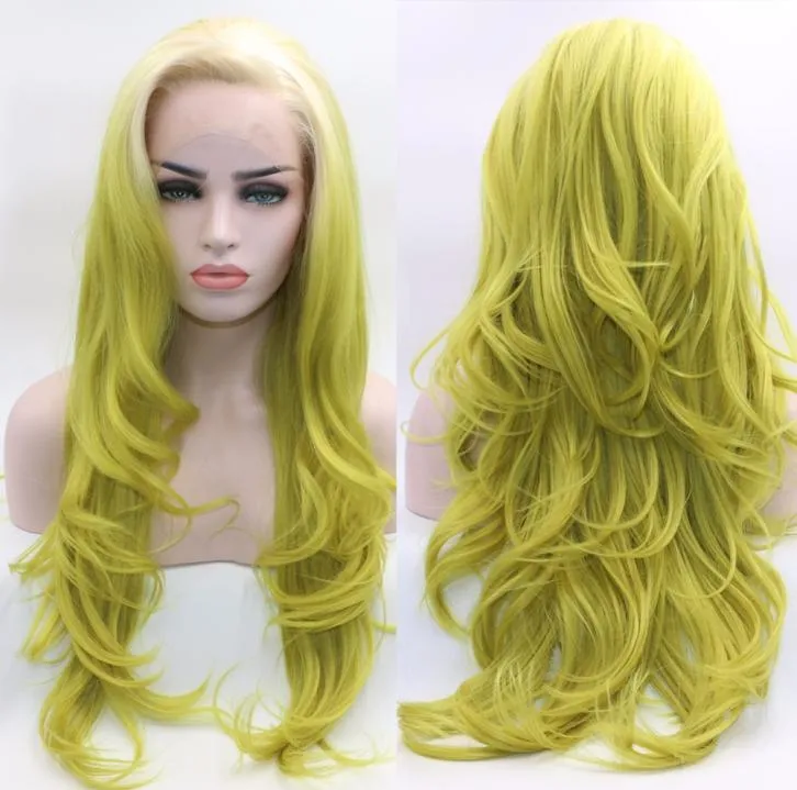 Fantasia beleza longo ondulado ombre peruca dianteira do laço raízes brancas ombre amarelo verde sintético resistente ao calor perucas completas 1023511