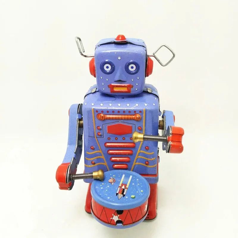 Robot tambour vintage à collectionner, jouet en étain, cadeau de Noël classique pour garçons, bébé, figurine en métal dans un étui en étain 240104