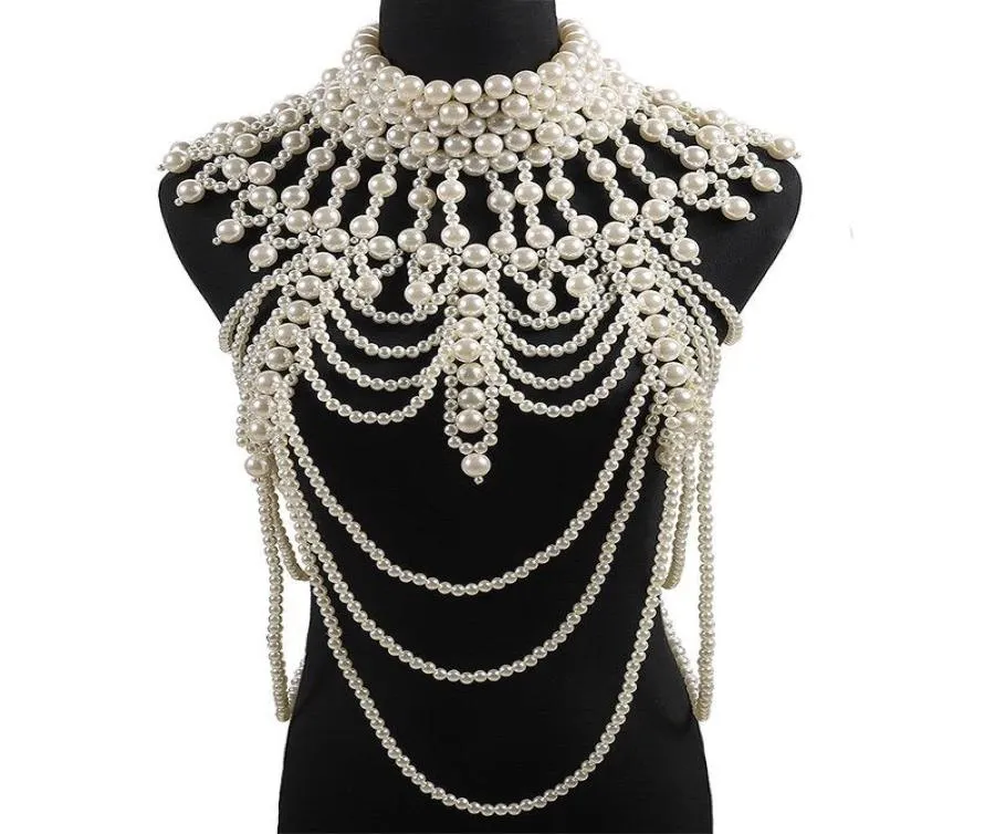 Retro advanced Pearls Crystal Body Jewelry Chain Sexyhandmade beaded Women Bridal wedding dress large necklace jewelry Accessor9321057