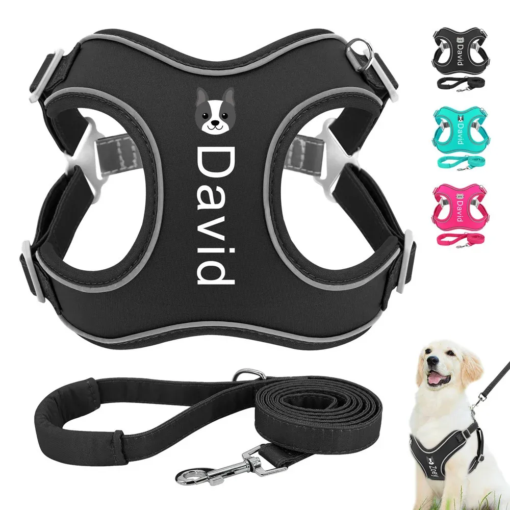 Conjunto de coleira de arnês para cães personalizado sem tração reflexiva colete ajustável para animais de estimação para cães pequenos, médios e grandes 240103