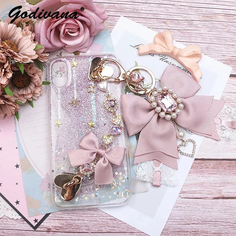 Handmade Japanese Style Girls Big Bow Rhinestone Lace Keychain Sweet Cute Handbag Pendants Lolita Keyrings Bag Charms 240103