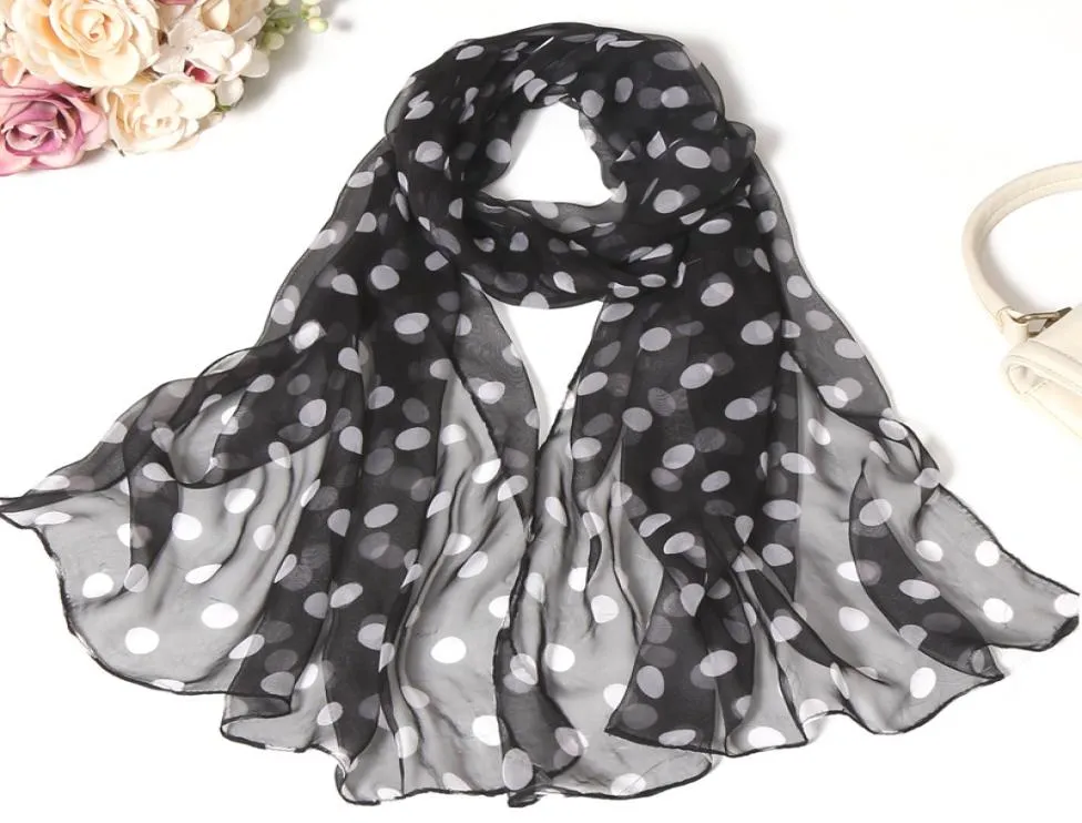 Foulards Classique Foulard en soie noir et blanc Femme Printemps Automne Polka Dot Châle Long Polyvalent Climatisation1129439