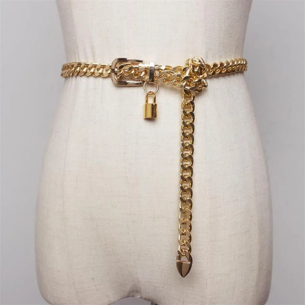 Gold Chain Belt Lock Metal Belts For Women Cuban Key Chains Silver Punks Dress Waistband Long Ketting Riem Cummerbunds251Q