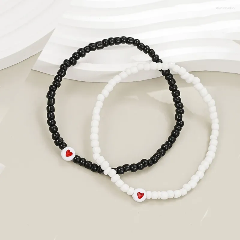 Charm Bracelets Fashion 2PCS Bead Heart Bracelet For Women Simple Bohemian Black White Stretch Bangle Party Gift