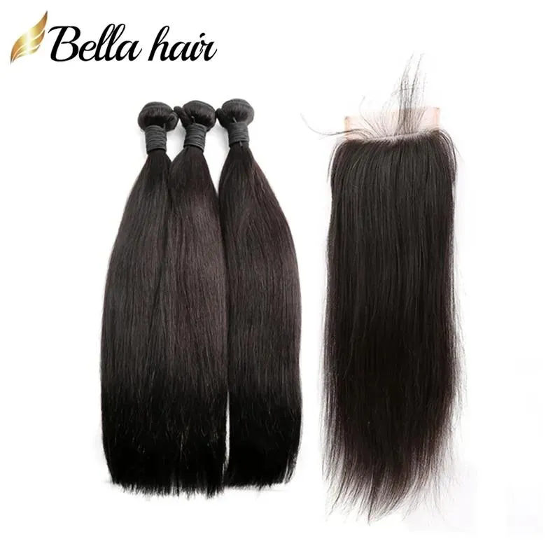 Wefts 4 pièces pleine tête cheveux paquets avec fermeture brésilienne Remy vierge cheveux humains trames Extensions 3 PC ajouter 1 PC dentelle fermetures 4x4 droite