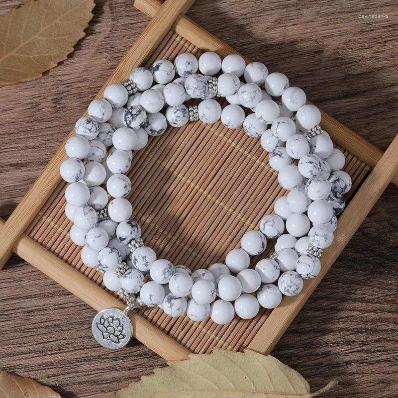 Strand OAIITE 8mm Bracciale turchese bianco naturale da uomo Ciondolo di loto avvolto 108mala Collana Reiki femminile di buona fortuna