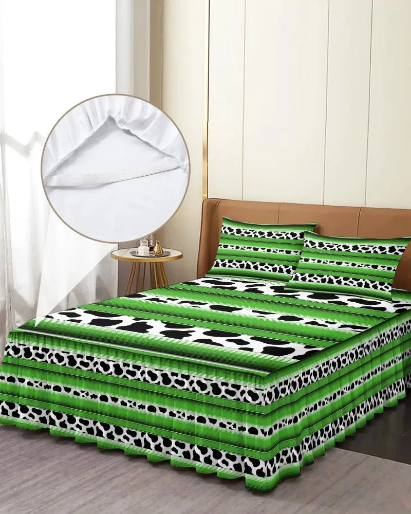 Bed Skirt Mexico Stripes Cow Pattern Animal Skin Texture Green Fitted Bedspread With Pillowcases Mattress Cover Bedding Set