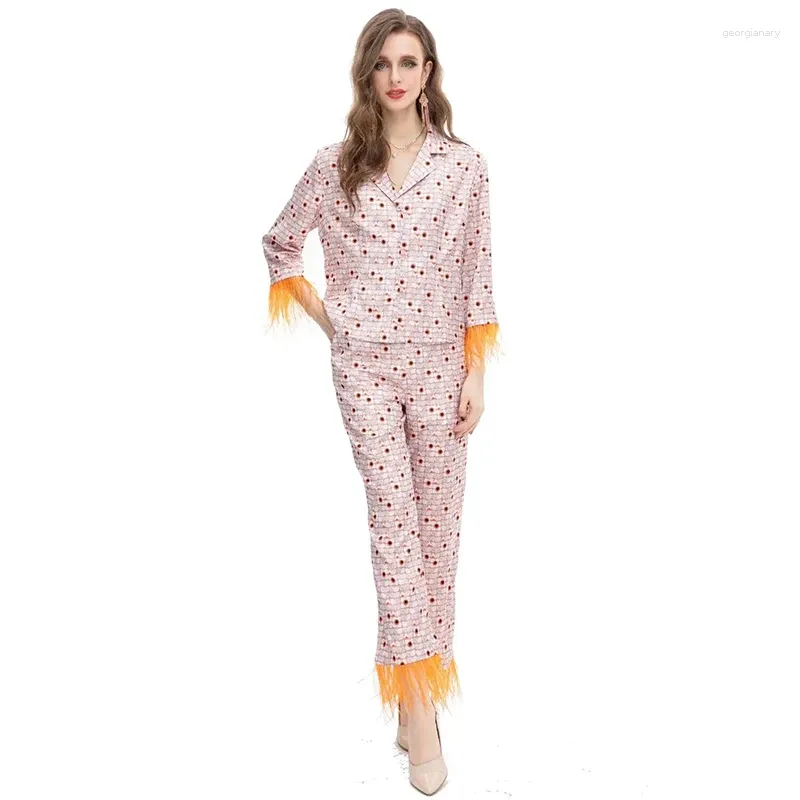 Kvinnors tvådelade byxor Janeyiren Fall/Winter Pantsuit Women 3/4-Sleeve fransad lös tryckskjorta och hög midja 2 kostym