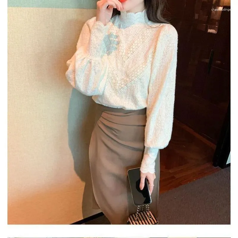 Damskie bluzki damskie bluzka golfowa koronkowa latarnia rękaw jesienna zima koreańska moda na najniższym dnie Blusas ropa de Mujer n28