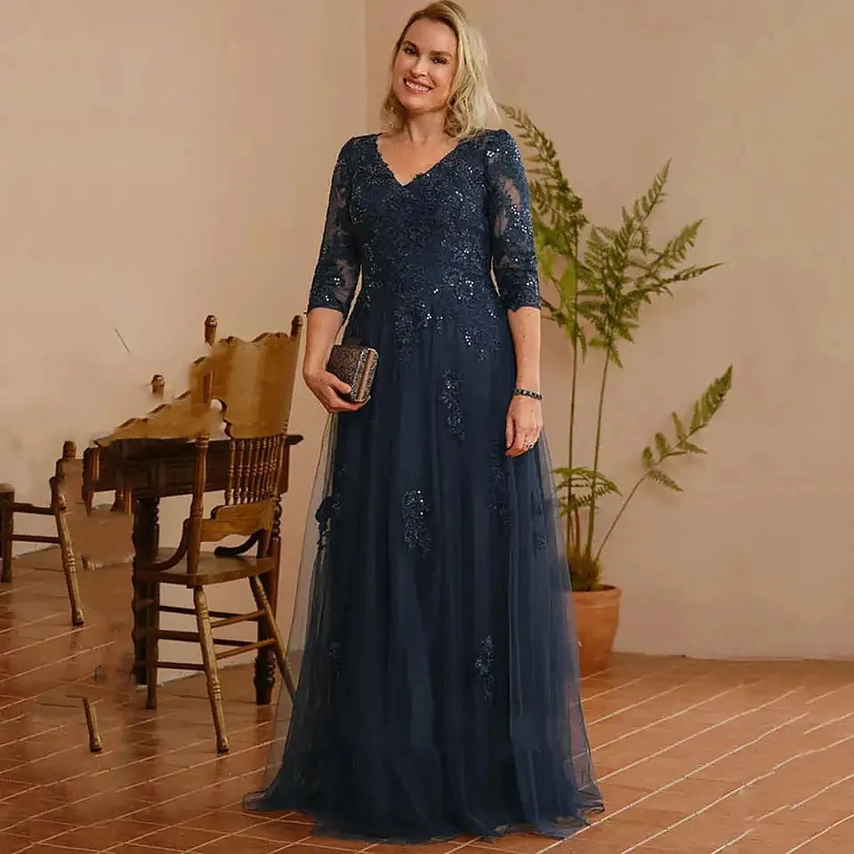 Elegant Navy Blue Mother of The Bride Dresses V Neck 3/4 Long Sleeves Lace Appliques Beaded Tulle A Line Wedding Guest Gown For Women 2024 Plus Size Evening Dress