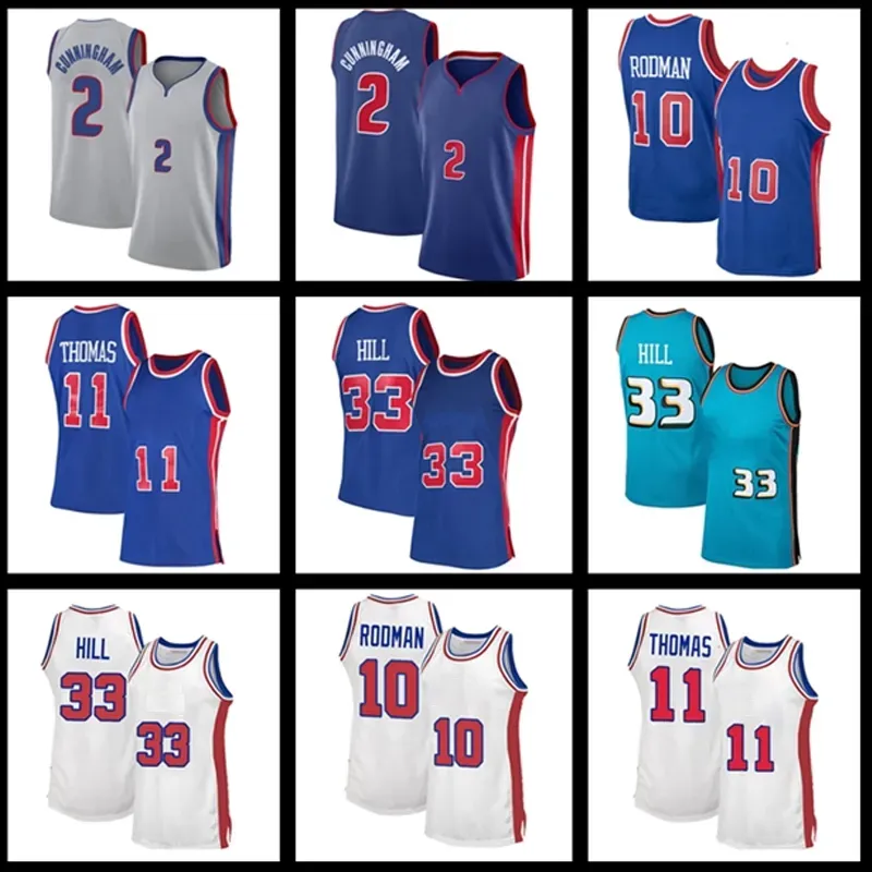 مخصصة للنساء من النساء الشباب Cunningham 2 Cade Detroits Piston Basketball Jerseys Hill 33 Grant Rodman 10 Dennis Thomas 11 Isiah 1998 1999 Jersey