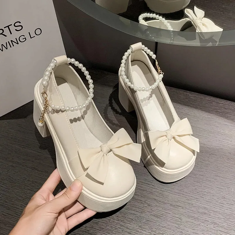 Туфли в стиле Лолиты, женские туфли Мэри Джейн на высоком каблуке, массивные сандалии, летняя мода, вечерние туфли-лодочки на платформе в стиле ретро с бантом, 240103