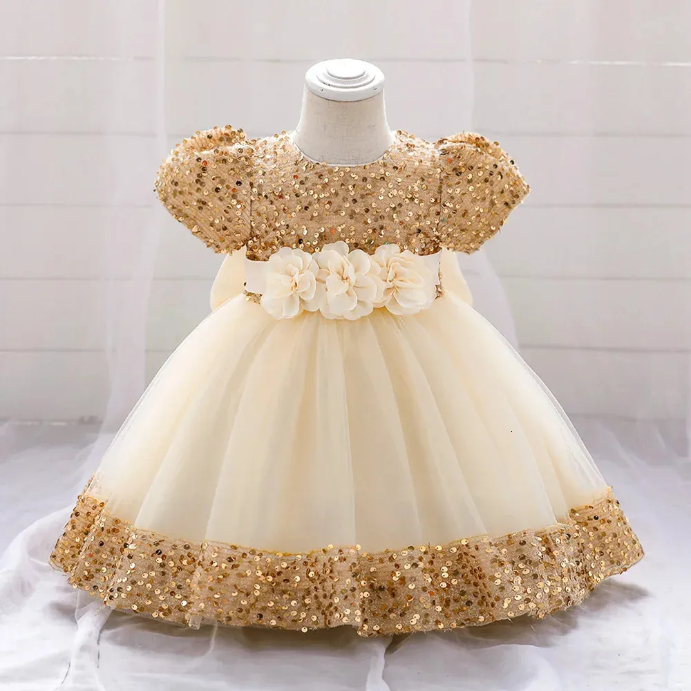 Big Bow Gold paljetter Party Baby Girls Dress Toddler Tutu Lace 1st Birthday Princess Dresses For Girl Wedding Prom Christmas Gown 240104