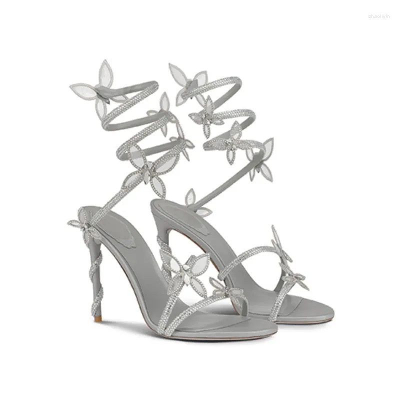 샌들 로마 뱀 모양의 스트랩 스틸레토 2024 라인 스톤 활 하이힐 패션 여성 신발