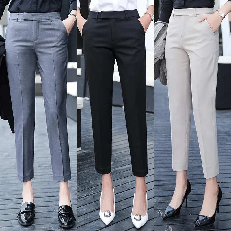 Siyah Gri Takım Pantolon Kadın Yüksek Bel Ofis Ladie Ashion Resmi İş Pantolonları Kadın Zarif Günlük Düz 240104