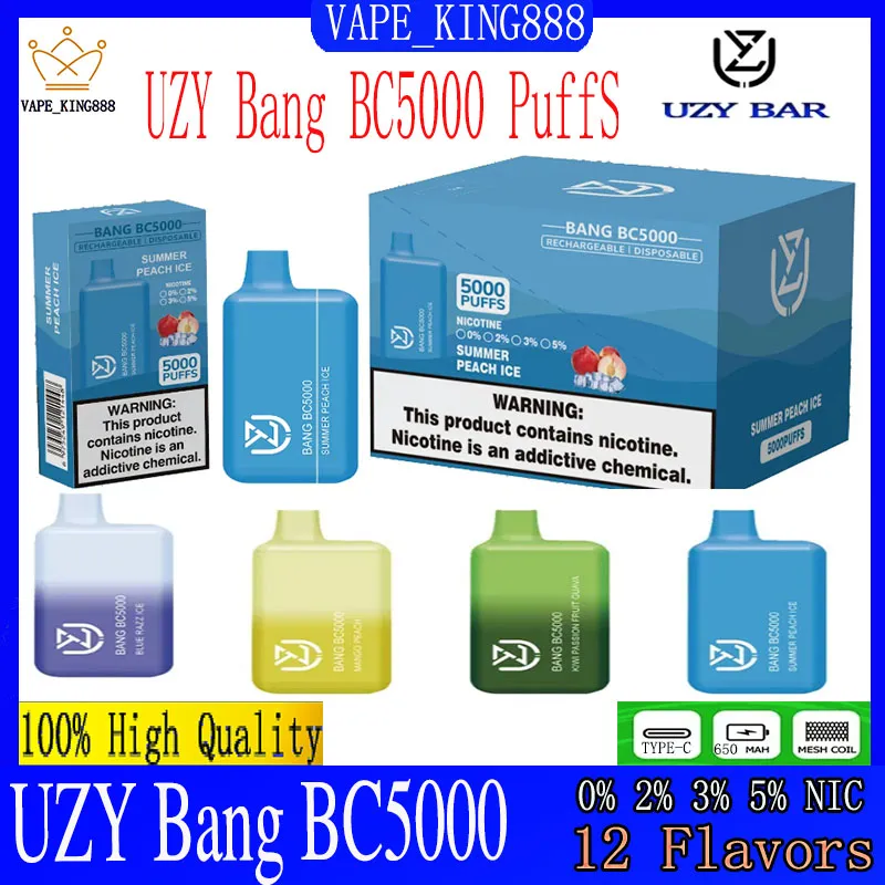 Original UZY Bang BC5000 Puff jetables E cigarettes 1.2ohm maille bobine 12 ml Pod batterie rechargeable électronique Cigs Puff 5K 0% 2% 3% 5% Kit de vape jetable UZY Bang BC5k