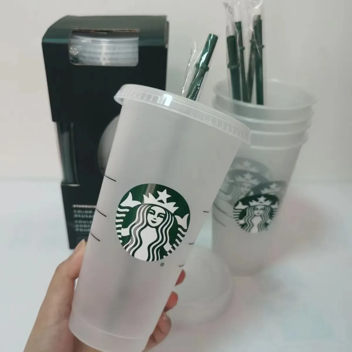 Wiederverwendbarer 24oz/710ml Starbucks-Becher, klassischer transparenter Becher, hochwertiger, transparenter Strohhalmbecher, begleitender Becher aus Kunststoff BJ