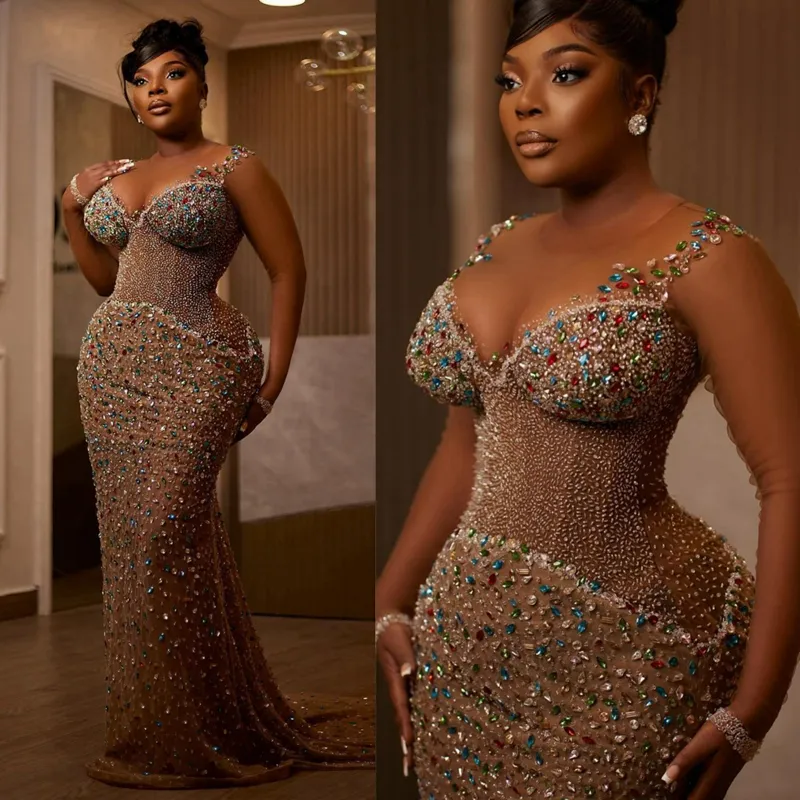 Luxurious Plus Size Aso Ebi Prom Dresses Plus Size Dark Champagne Mermaid Colorful Rhinestones Illusion Tulle Birthday Party Dresses for Special Occasions ST745