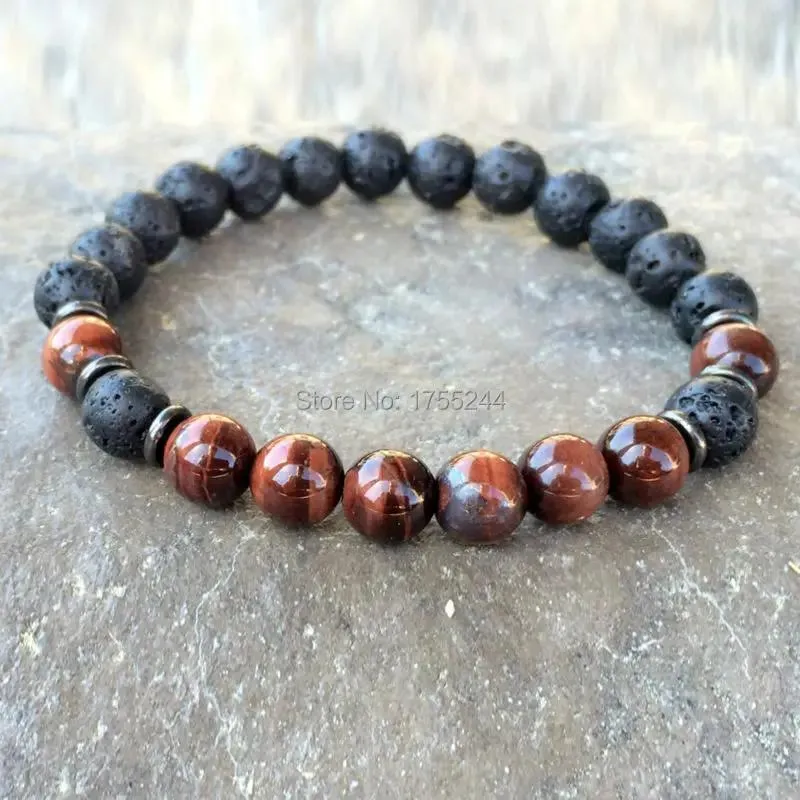 Brazalete SN1083 Natural para hombre, pulsera de ojo de tigre rojo de Lava, nuevo diseño, pulsera de cuentas de Mala de Yoga, joyería de chakras de meditación budista