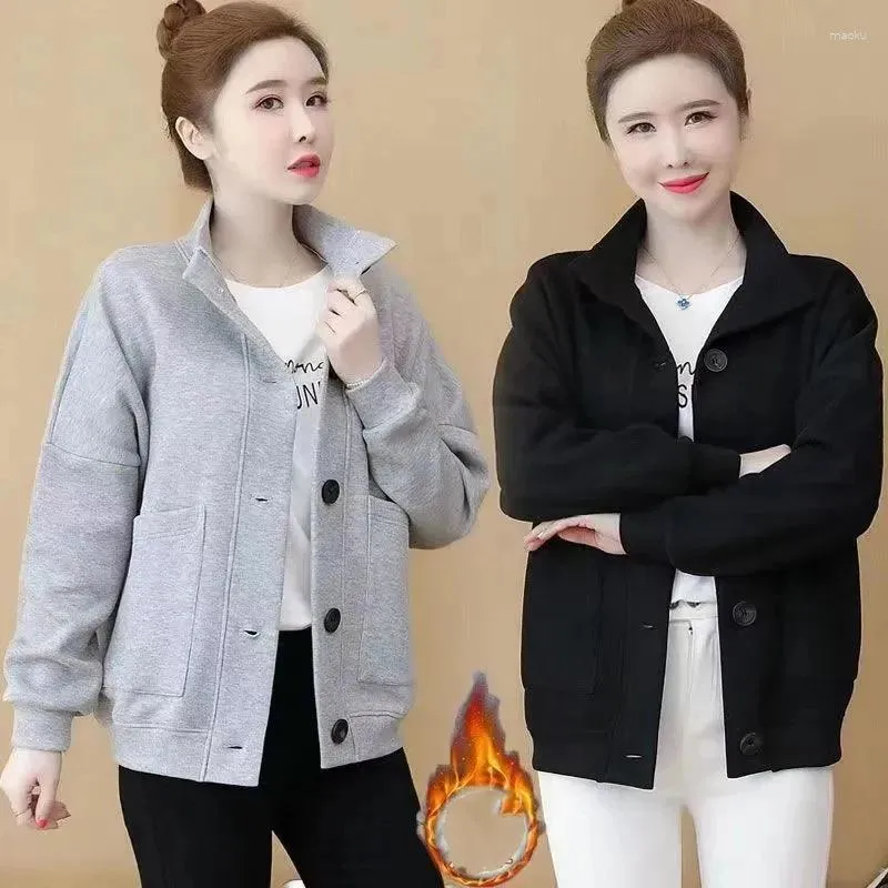 Women's Jackets Autumn Winter Korean Plush Warm Casual Coat Fashion High Collar Single Breasted Lady Loose Large Pocket Jacket