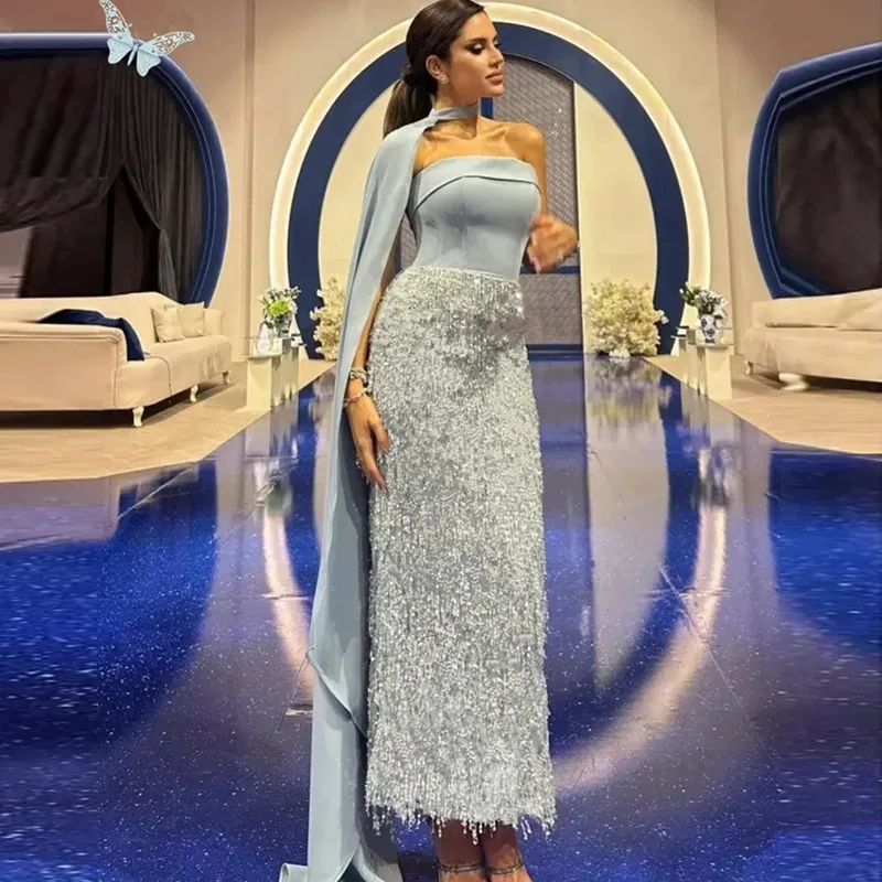 Arabe bleu clair robe de bal élégante plume perles gland robe de soirée avec châle robes formelles Dubaï femmes robes de soirée YD 328 328