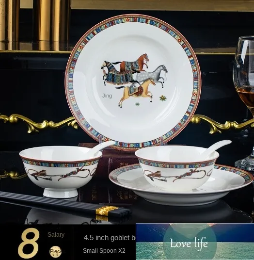 Ensemble de bols et d'assiettes de vaisselle de cheval oriental à la mode, plats de luxe légers en céramique et bols de baguettes en porcelaine d'os, cadeau de style européen