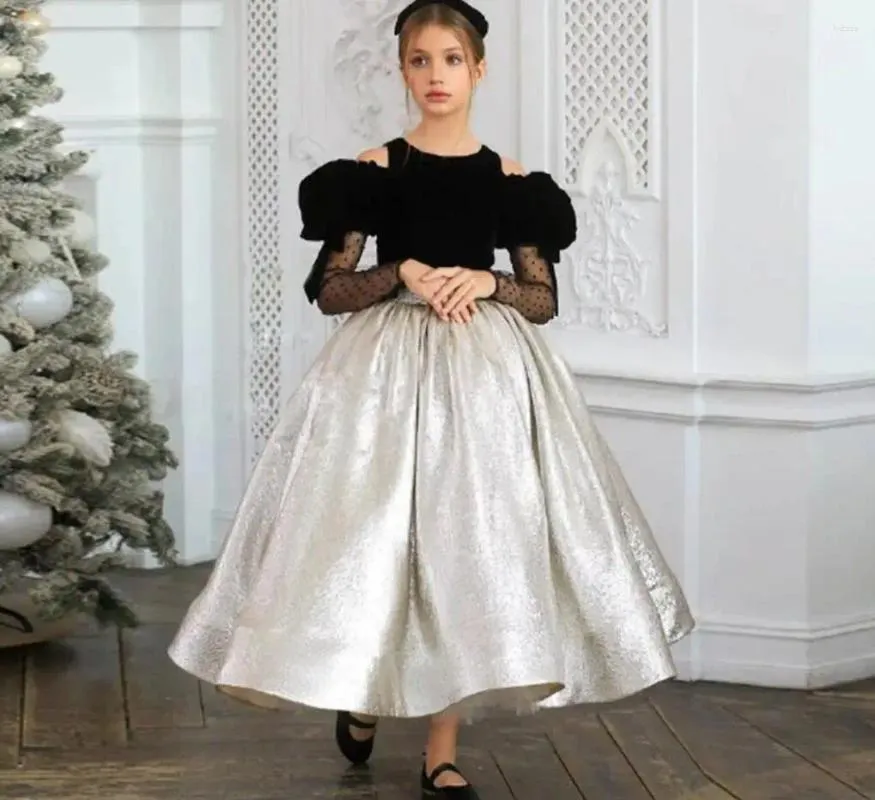 Kız Elbiseler El Yapımı Kızlar Siyah Velvet Üst Gümüş Etek Prenses Düğün Elbise İlk Cemaat Elbise Fermuarı Arka