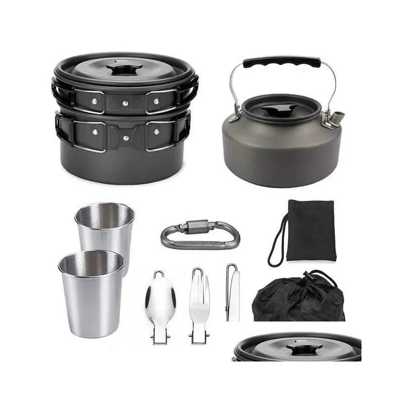 Camp Kitchen Cam Cookware Utensils Cooking Set Hiking Pot Pan Kettle Spoon Fork Hnife Outdoor Tableware P230506U8F5 Drop Delivery Sp Ot6Bb