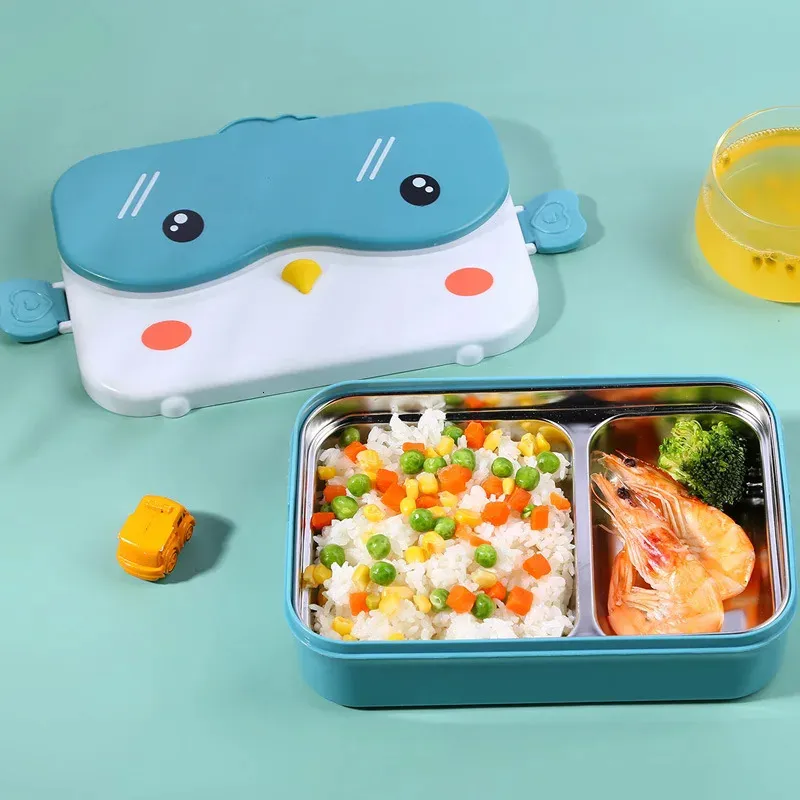 Vaisselle en acier inoxydable boîte à déjeuner thermique pour repas étudiant école Bento boîte mignon hibou dessin animé ensemble de couverts stockage pour les enfants 240103