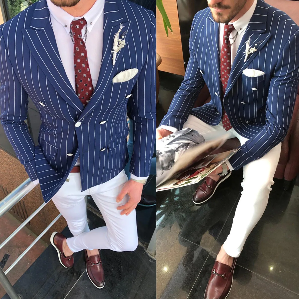 Men's Blue Striped Jacket Slim Fit Double Breasted Business Groom Party Formal Wear One Piece