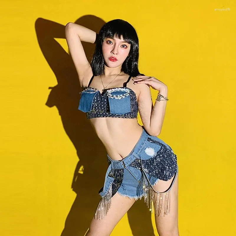 Stage Wear Adulte Jazz Dance Vêtements Denim Tops Strass Tassel Shorts Sexy Bar Gogo Dancer Performance Costume Party Outfit VDB5144