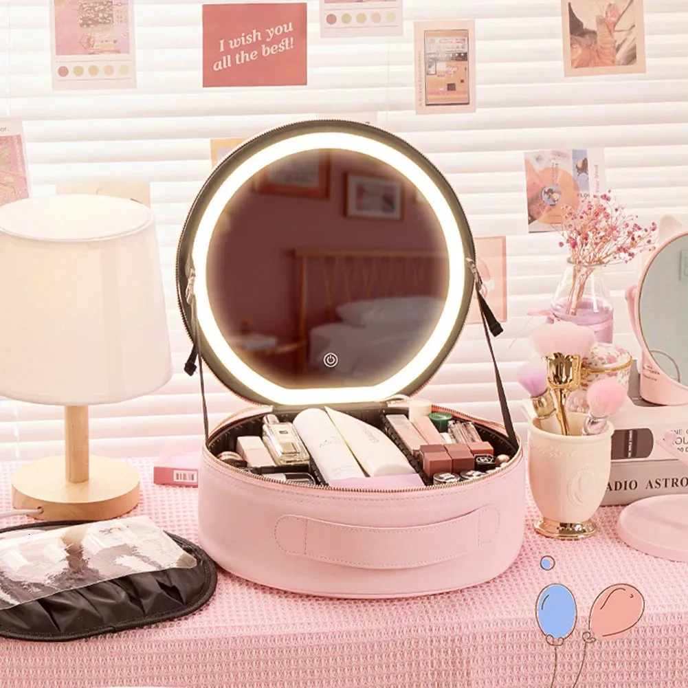 Cirkulär spegel med LED -ljus bärbar stor kapacitet kosmetisk väska handväskor smink bärbar makeup rese kosmetisk lagring ruta 240103